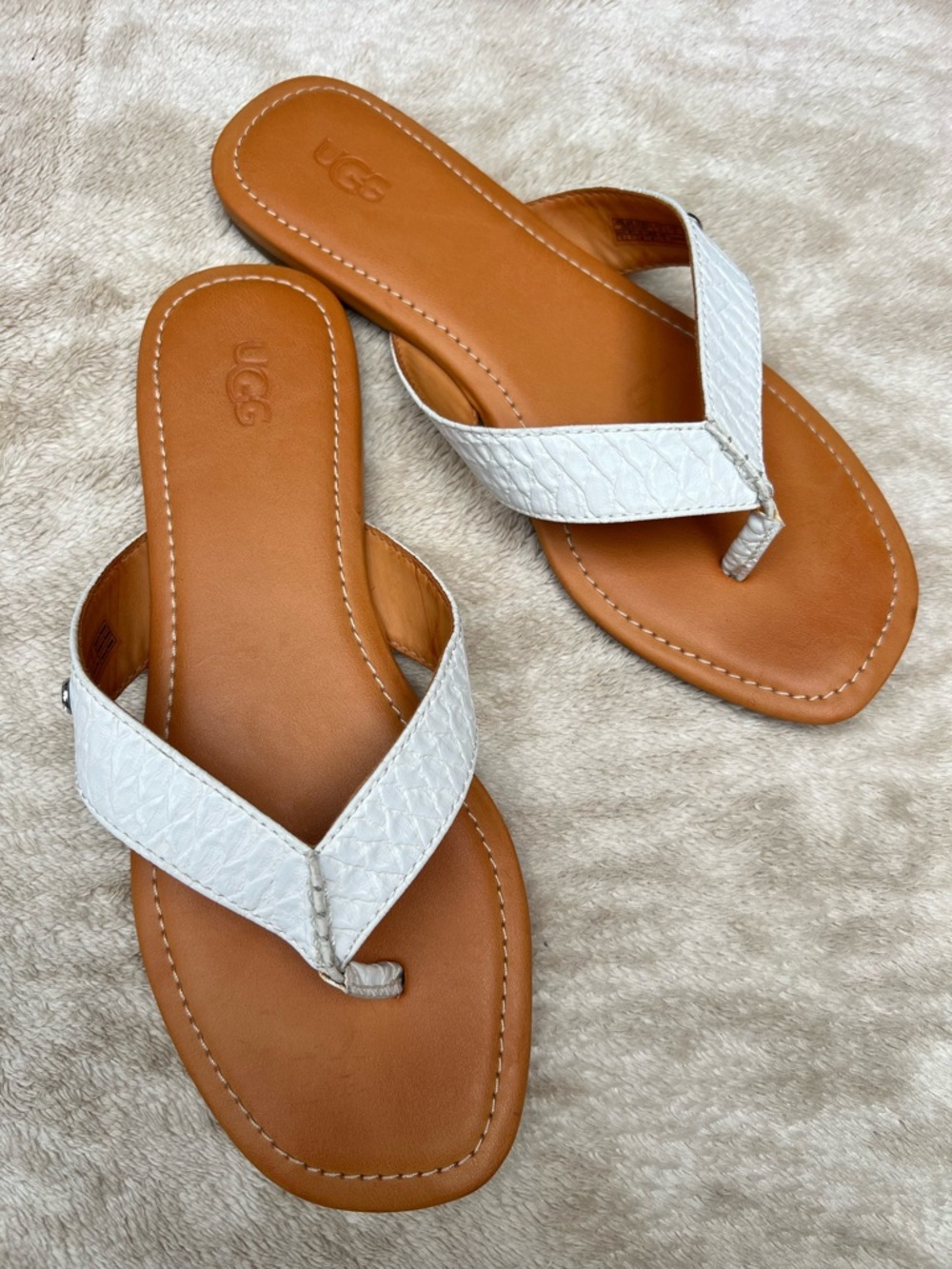 UGG White Leather Toe-Post Sandals with Tan Footbed